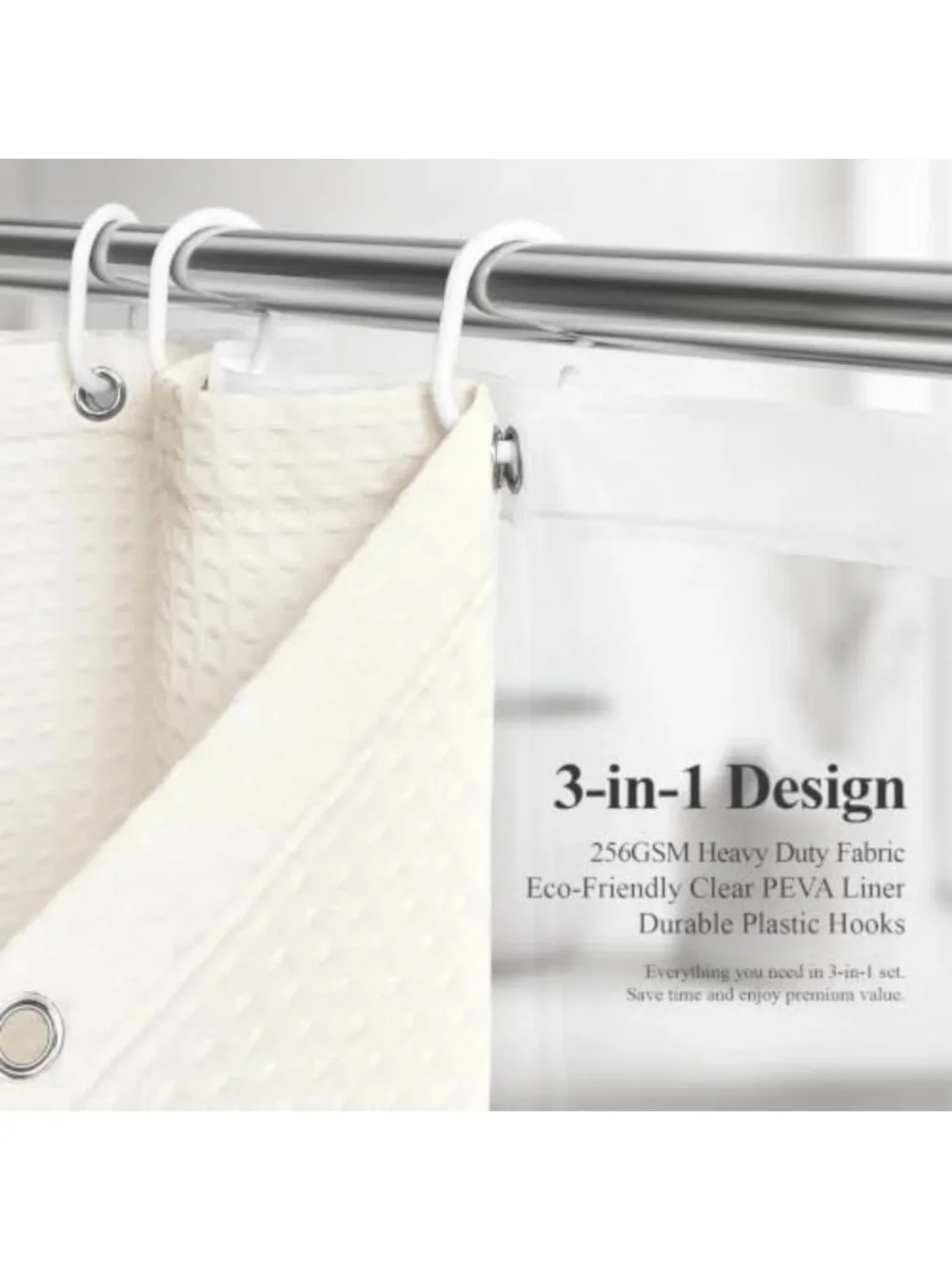 Extra Long Cream Waffle Shower Curtain Set with Liner 72x84 - Stylish Bathroom
